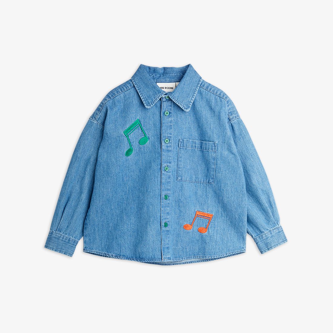 Note Embroidered Lightweight Denim LS Shirt - Blue