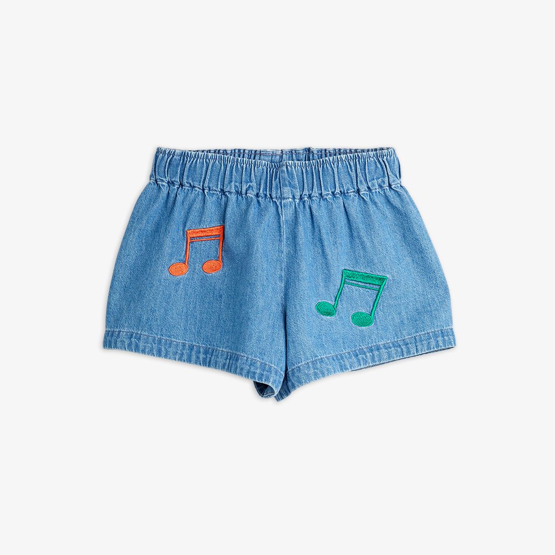 Note Embroidered Lightweight Denim Shorts - Blue