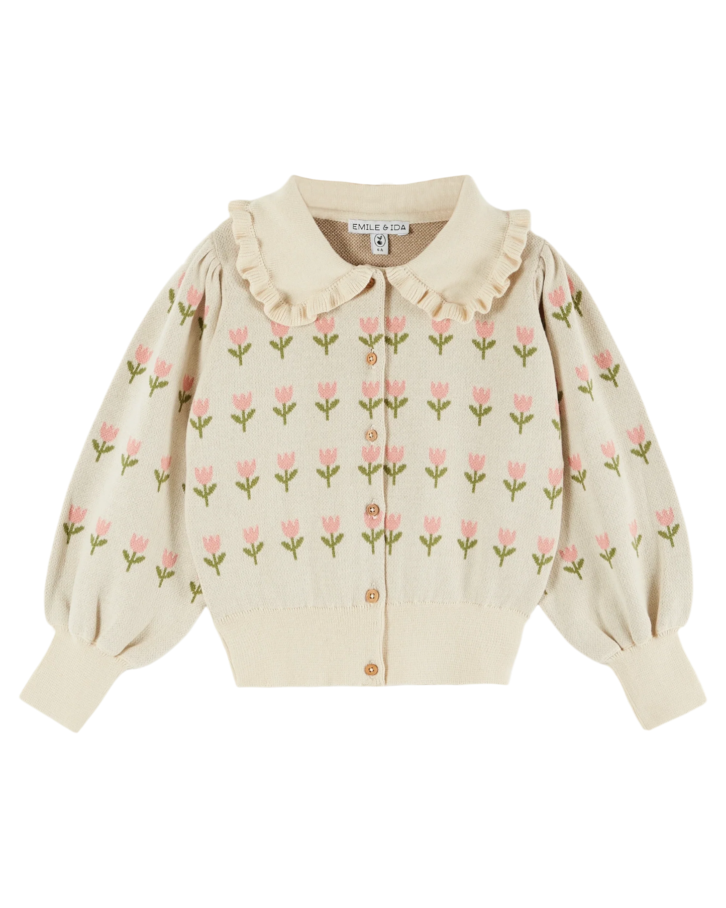 JACQUARD ECRU ORGANIC COTTON RUFFLED CARDIGAN