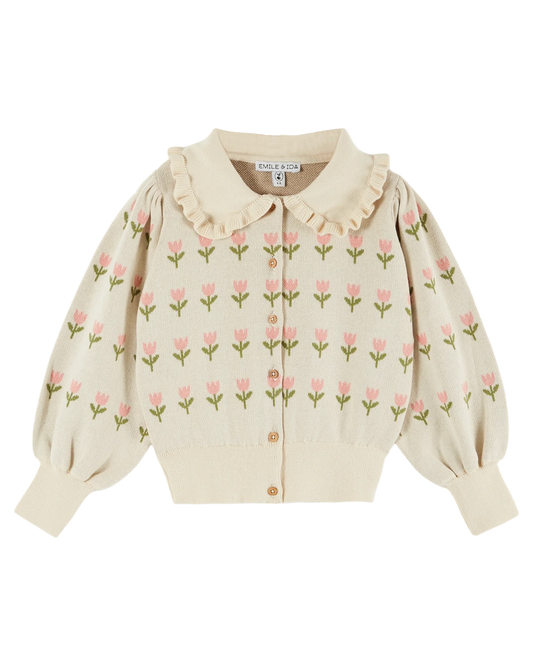 JACQUARD ECRU ORGANIC COTTON RUFFLED CARDIGAN