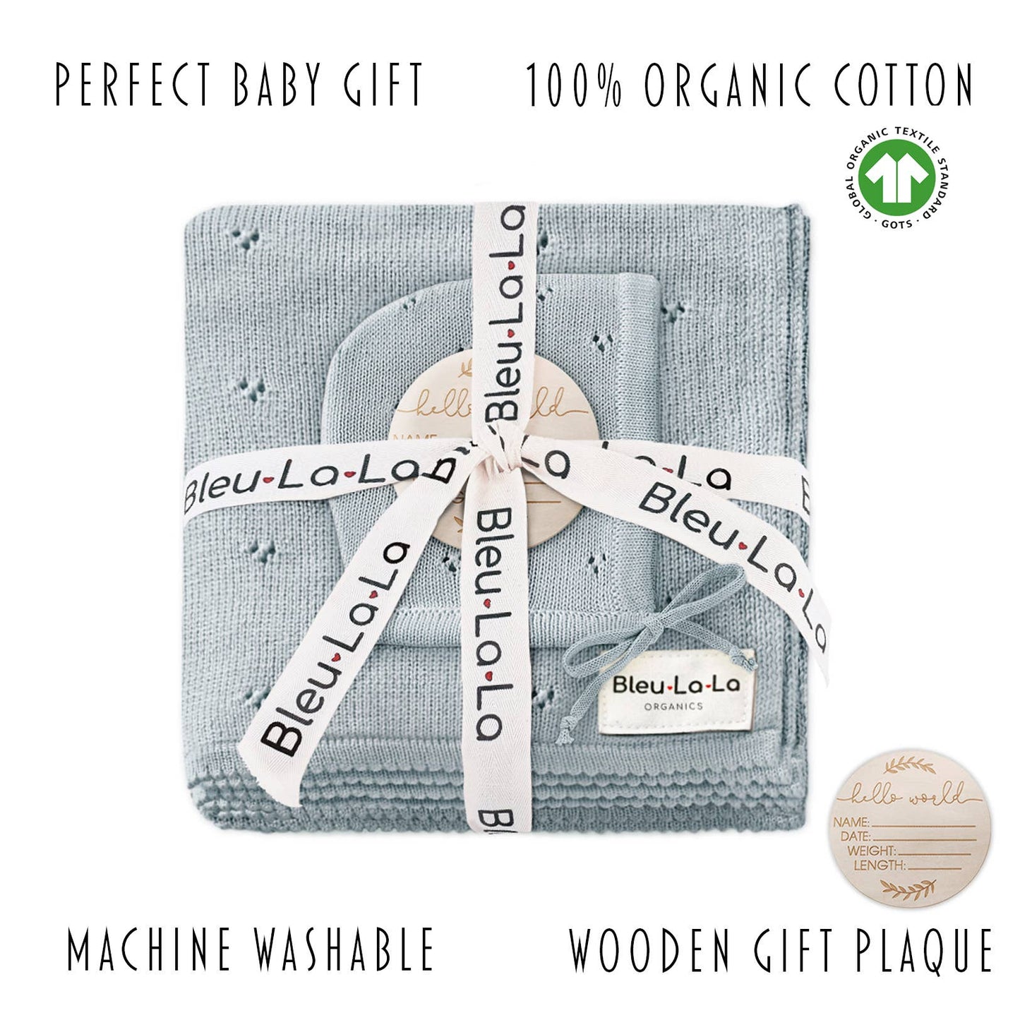 100% Organic Cotton Luxury Organic Blanket + Bonnet Hat Set: Blue