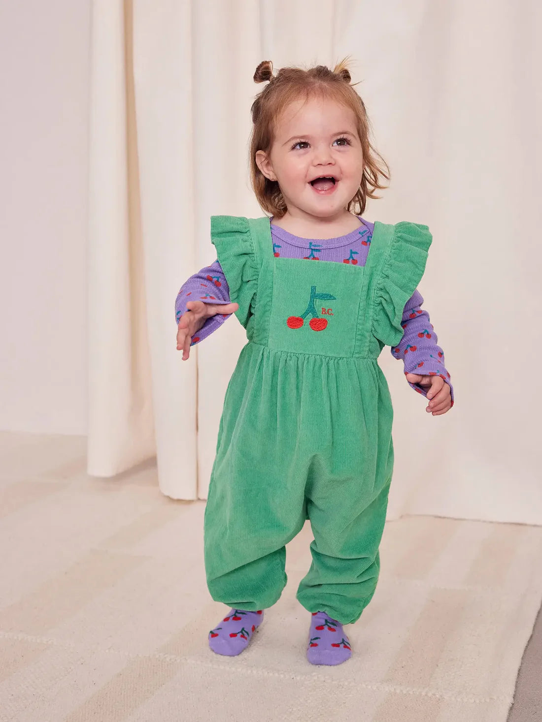 Baby Cherry Micro Corduroy Overall Green