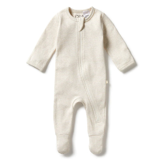 Oatmeal Organic Stripe Rib Zipsuit with Feet