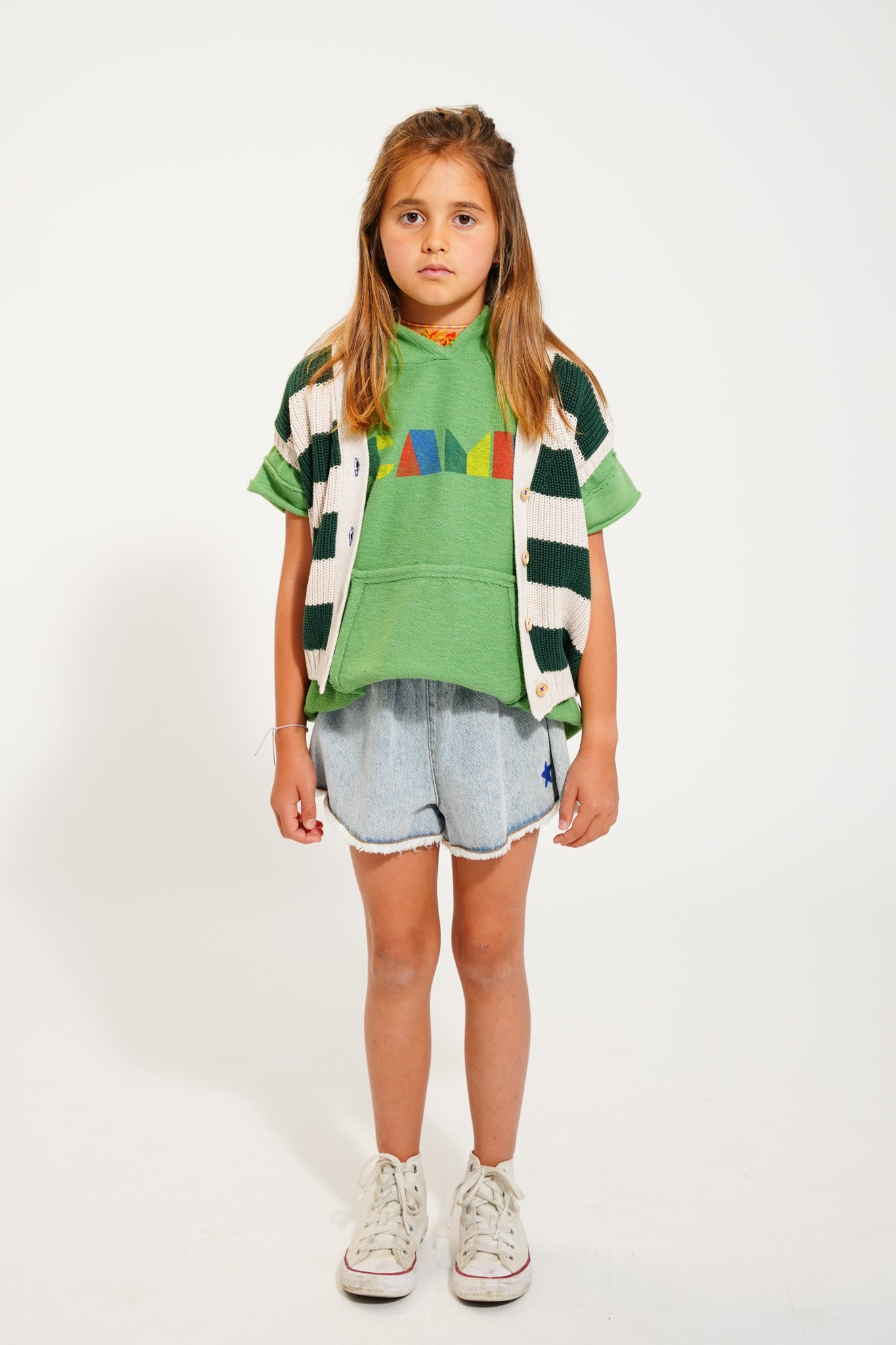 Sleeveless Hooded Sweatshirt | Green w/ Multicolor “Camp” Print