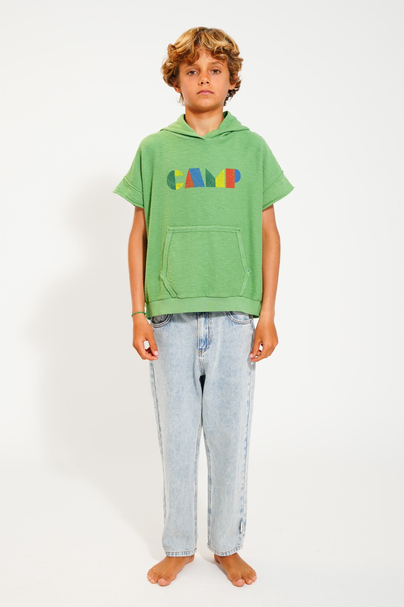 Sleeveless Hooded Sweatshirt | Green w/ Multicolor “Camp” Print