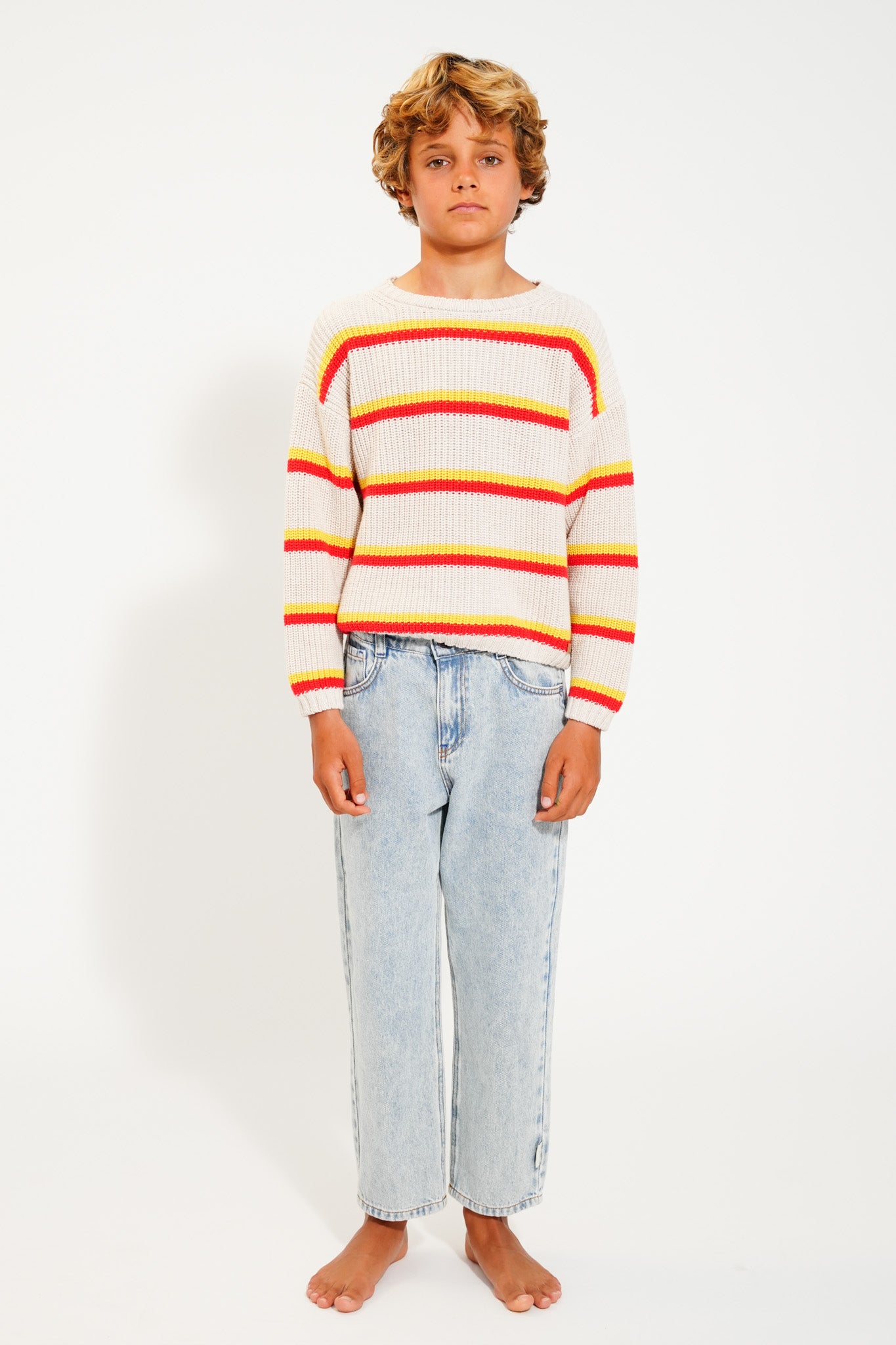 Knitted Sweater | Ecru w/ Yellow & Red Stripes