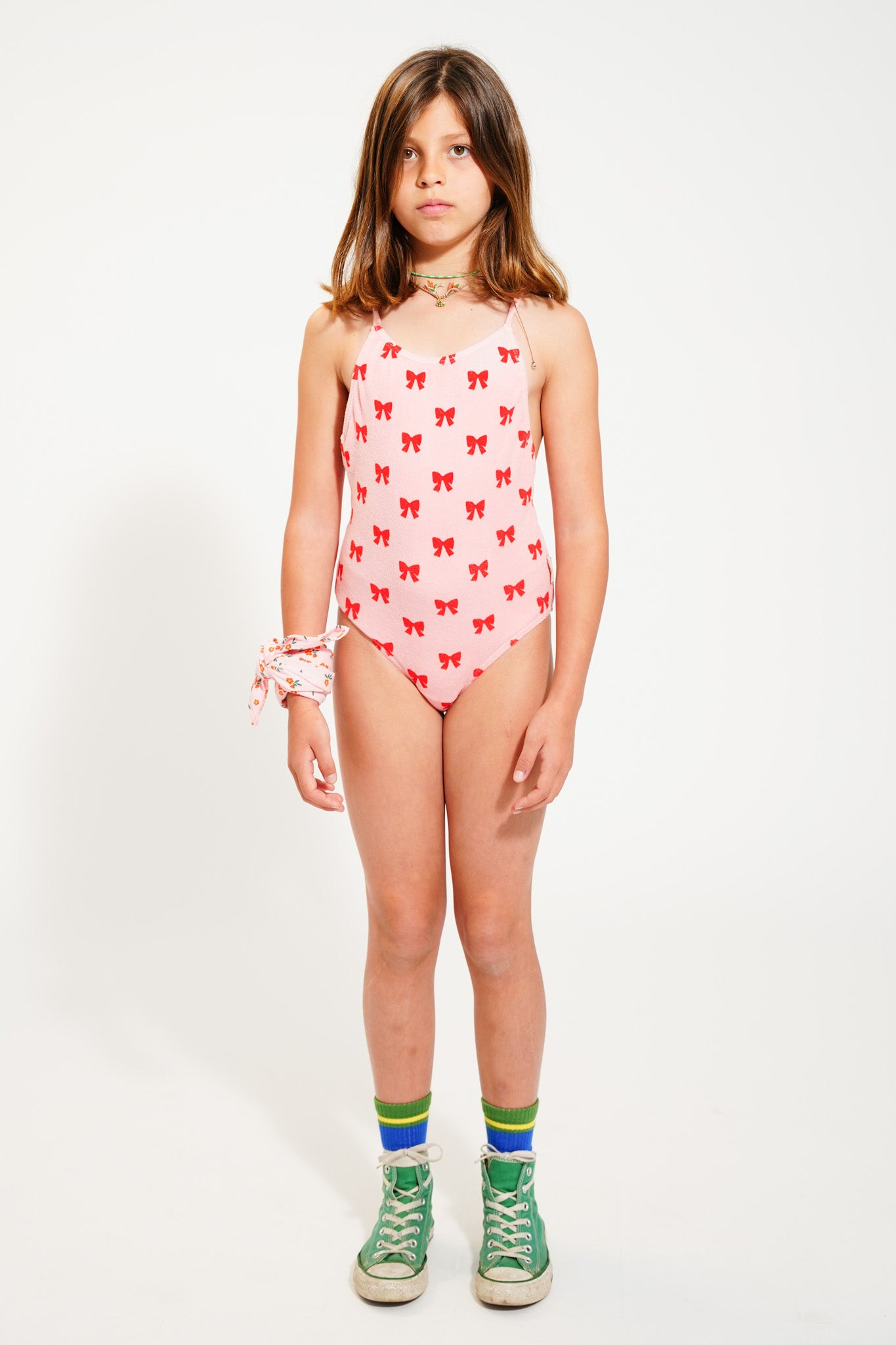 Swimsuit w/ Crossed Straps |  Pink w/ Red Bows